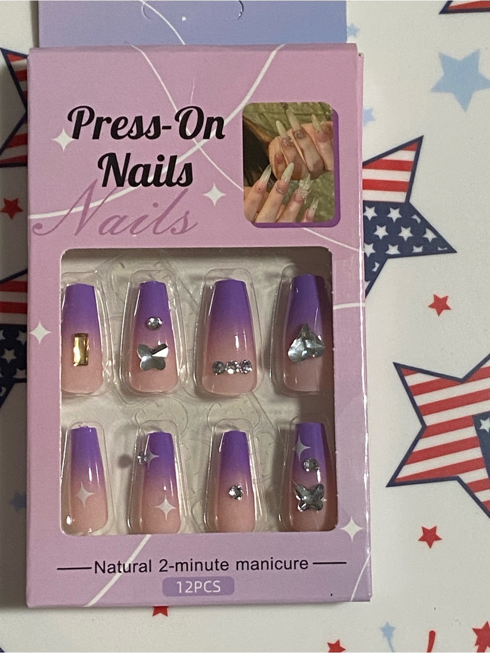 Purple Ombre Press-On Nails with Rhinestones